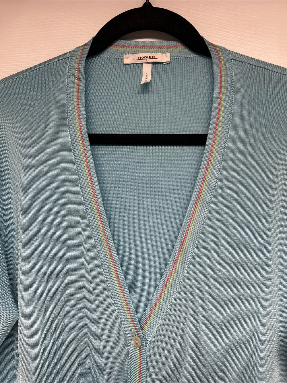 RODIER Pale Blue V-Neck Cardigan with Pastel Stripe Trim